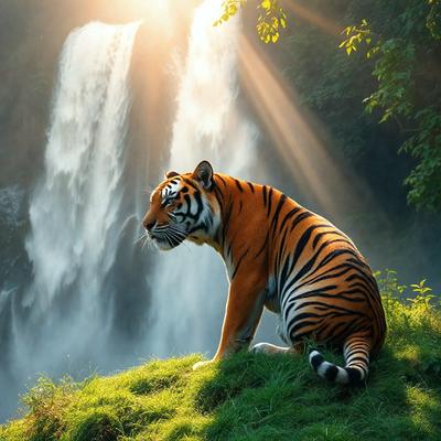 Primary subject: A tiger sitting on a grassy hillside, looking at the camera.

Setting/background: The tiger is sitting on a grassy hillside, with a waterfall in the background.

Visual style: The image is a photo of the tiger in its natural habitat.

Colors and mood: The image has a vibrant and lively atmosphere, with the tiger's orange and black fur contrasting against the green grass and the blue sky.